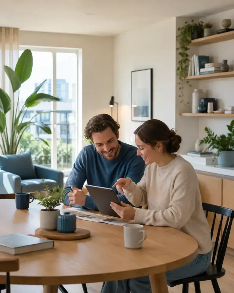 Bewoners bekijken praktische woonvragen op een tablet in een modern stadsappartement