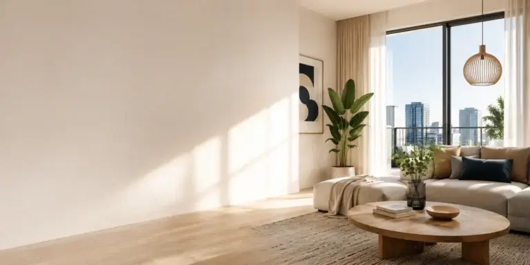 Een lichte moderne woonkamer met slimme inrichting, natuurlijke materialen en uitzicht op de stad.