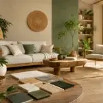Duurzaam interieur met natuurlijke materialen, houten vloer, groene verf, planten en materiaalstalen