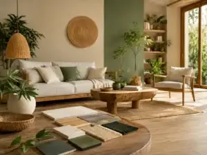 Duurzaam interieur met natuurlijke materialen, houten vloer, groene verf, planten en materiaalstalen