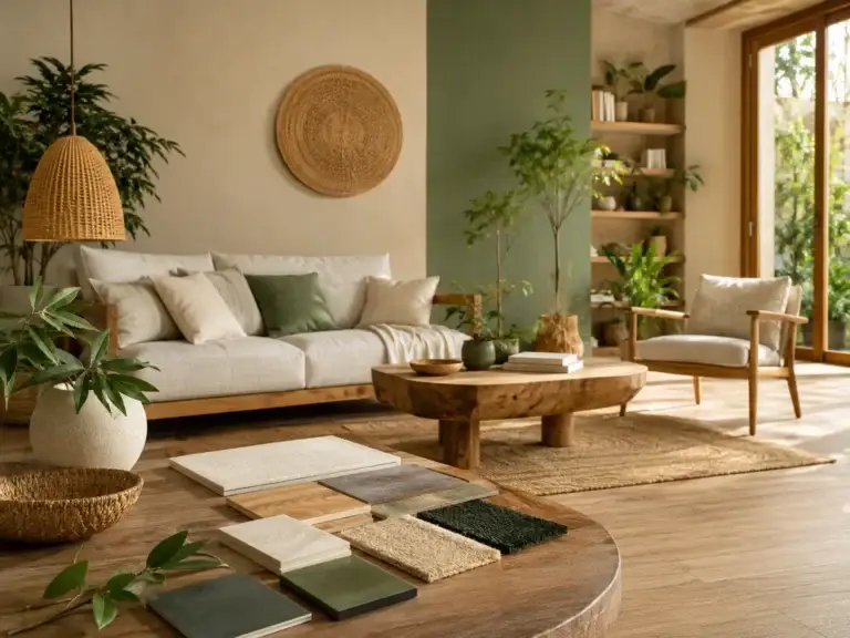 Duurzaam interieur met natuurlijke materialen, houten vloer, groene verf, planten en materiaalstalen
