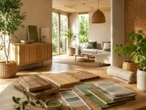 Duurzame materialen voor interieur met hout, kurk, natuurlijke stoffen, groene verf en planten