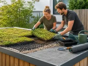 Doe-het-zelvers leggen sedummatten aan op een groen dak met drainagelaag en grindrand