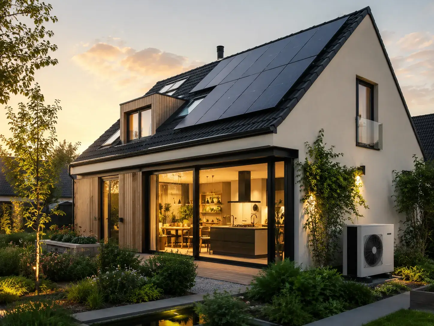 Duurzame woning met zonnepanelen, warmtepomp en energiezuinige tuinverlichting als alternatief voor gas