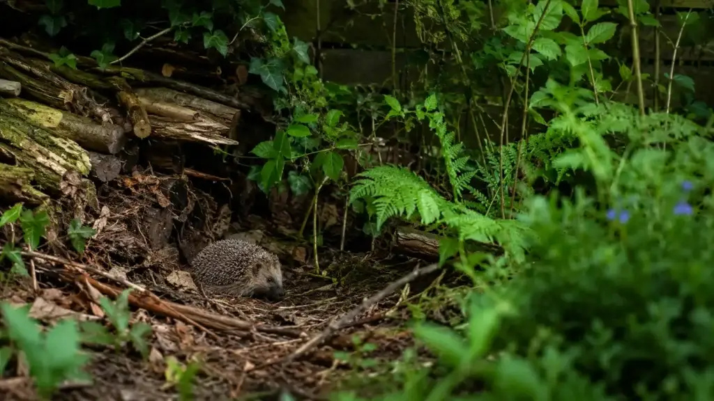 Egel in de tuin bij bladeren en takken in een natuurlijke tuin