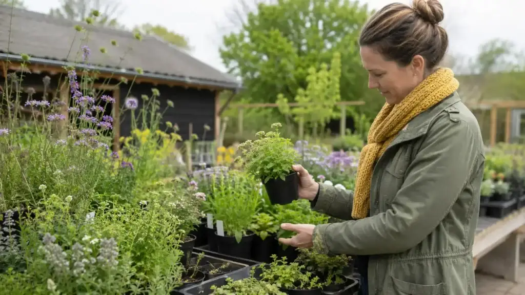 Persoon kiest inheemse planten en heemplanten voor een natuurlijke en biodiverse tuin. inheemse planten kopen, heemplanten