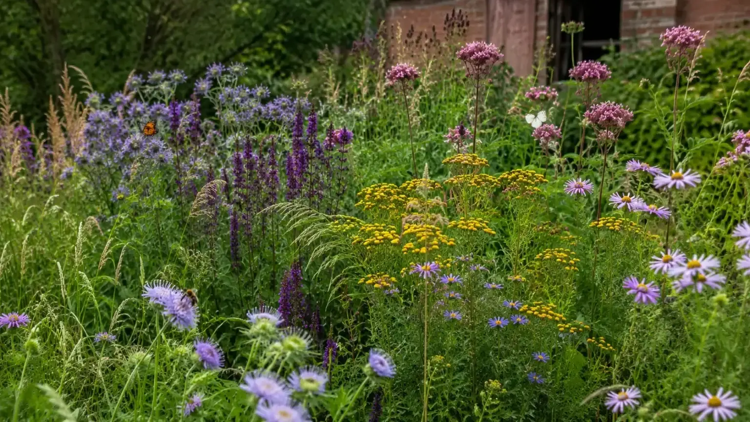 Inheemse planten met bloemen en insecten in een biodiverse tuin