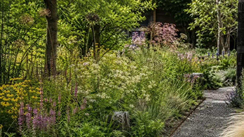 Inheemse vaste planten in een gelaagde tuinborder met bloemen, grassen en natuurlijke beplanting. inheemse vaste planten, wat zijn inheemse planten, inheemse planten kopen, heemplanten