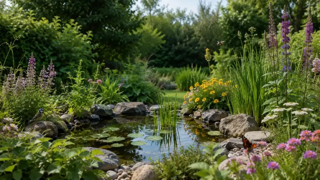 Kleine natuurvriendelijke vijver met waterplanten in een tuin