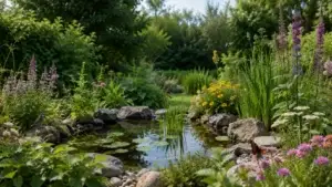 Kleine natuurvriendelijke vijver met waterplanten in een tuin