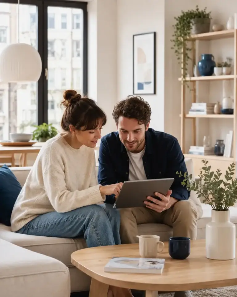 Twee bewoners bekijken woonadvies op een tablet in een lichte moderne stadswoning