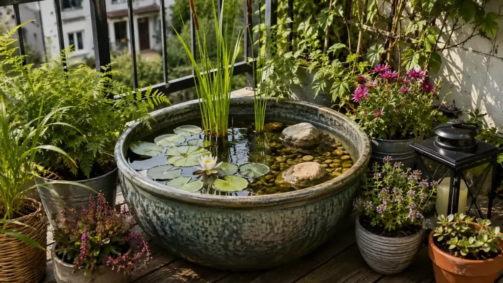 Minivijver maken als terrasvijver met waterplanten en natuurlijke materialen. terrasvijver, waterschaal voor vogels, vijver zonder pomp