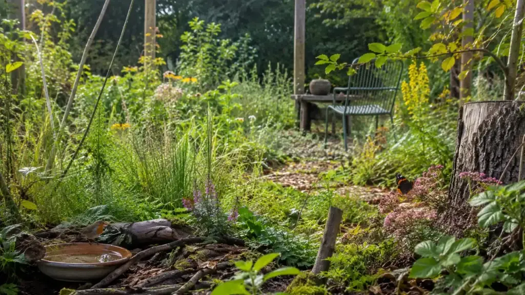 Natuurlijke tuin met wilde planten, bladeren en meer biodiversiteit
