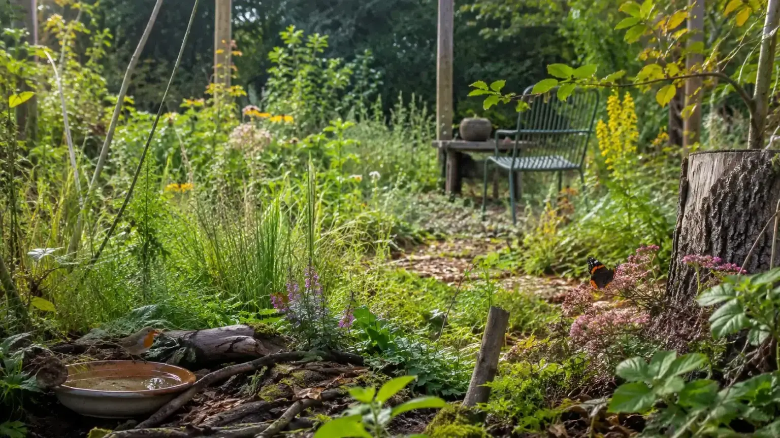 Natuurlijke tuin met wilde planten, bladeren en meer biodiversiteit