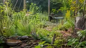 Natuurlijke tuin met wilde planten, bladeren en meer biodiversiteit