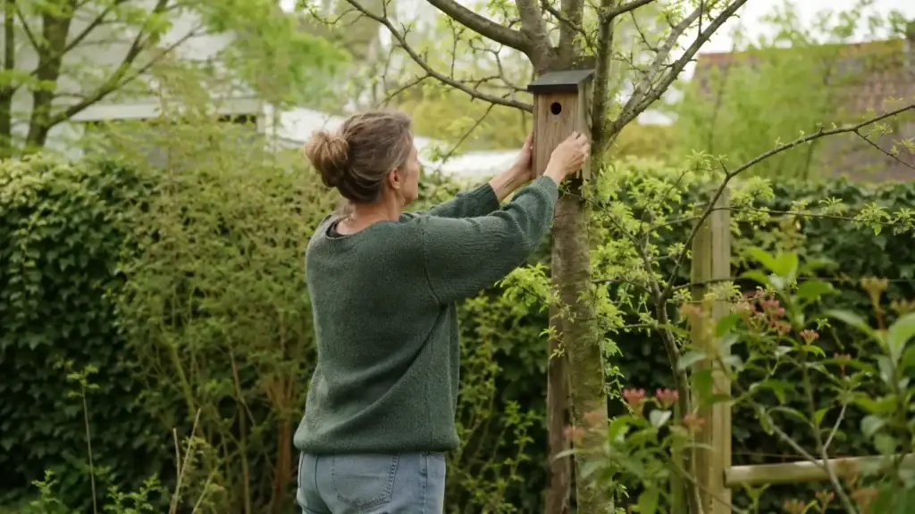 Nestkastje ophangen in een vogelvriendelijke tuin om vogels beschutting te geven. nestkastje ophangen