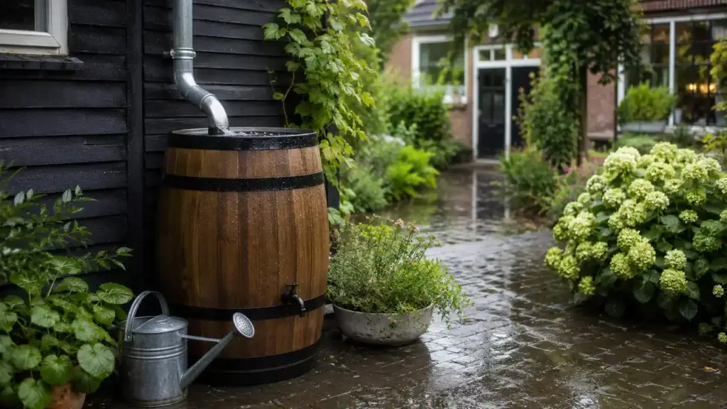 Regenton naast een regenpijp in een groene tuin