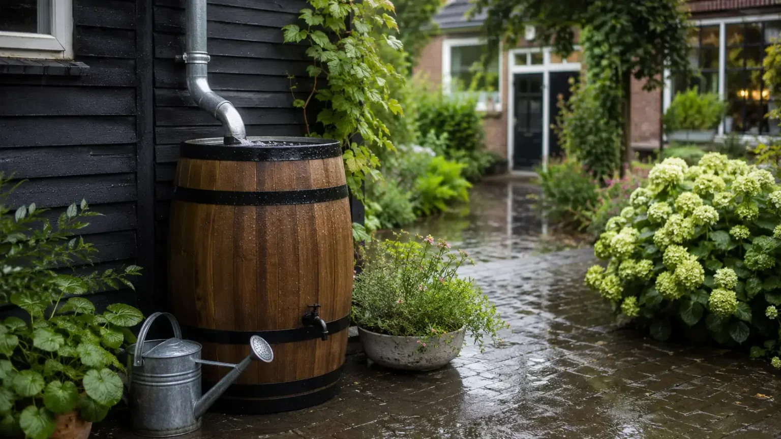 Regenton naast een regenpijp in een groene tuin