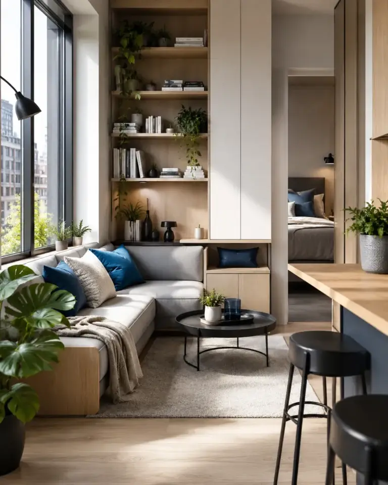 Compact stadsappartement met slimme inrichting, ingebouwde opbergruimte en groene planten