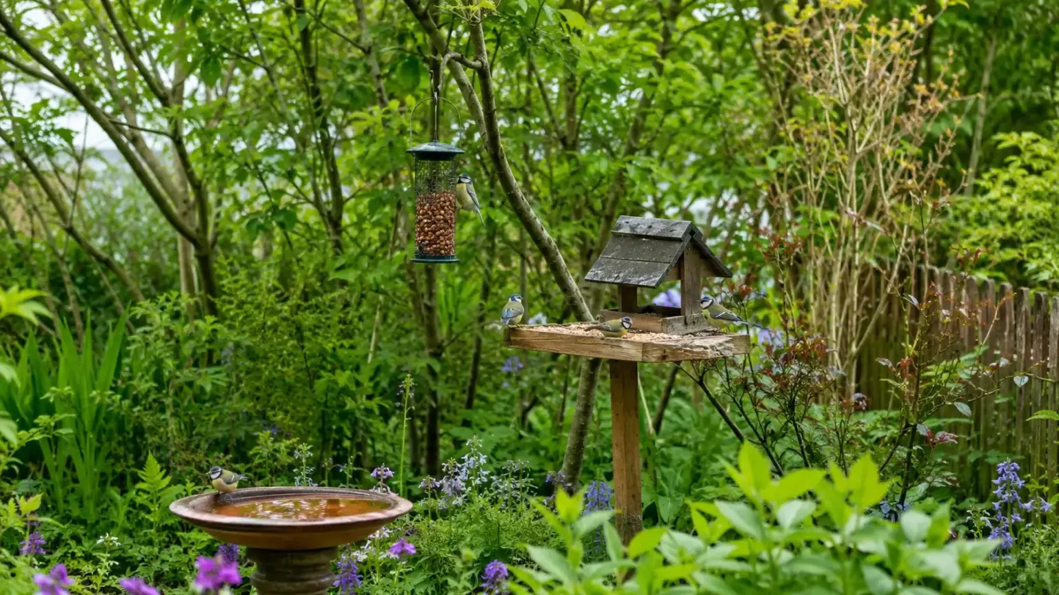 Natuurlijke tuin met voederplek en vogels tussen de planten