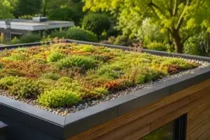 Sedumdak met groene beplanting, grindrand en natuurlijke waterbuffer op een modern plat dak