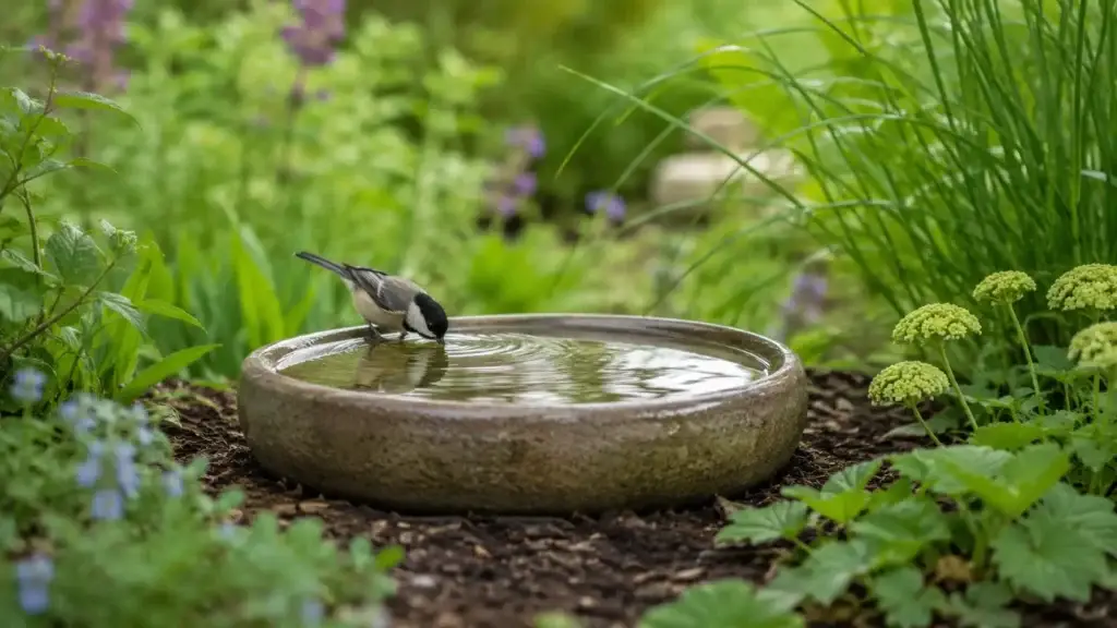 Waterschaal voor vogels in de tuin als eenvoudige vijver zonder pomp. minivijver maken, waterschaal voor vogels