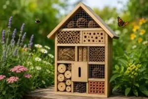 Houten insectenhotel in een groene tuin met bloemen, bijen en natuurlijke materialen